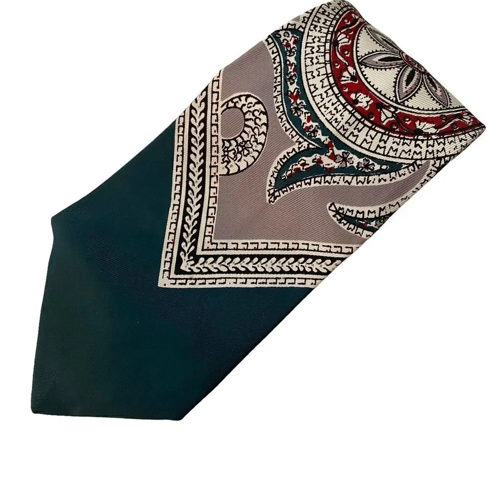 Vtg 1940s Men's Tie Swing Cravat Geometric Green Beige Maroon Wide Rockabilly
